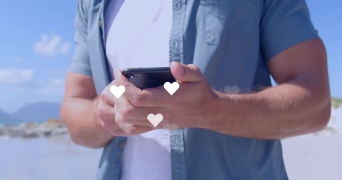 Animation of man using smartphone over cityscape