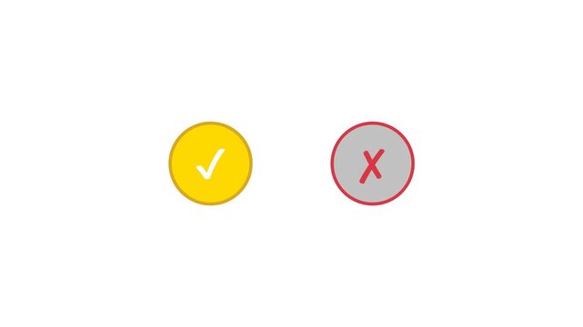 Minimalist check mark and cross icons on white background, animated yellow tick and red x symbols, simple choice and validation motion graphics