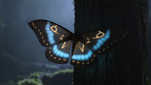 A butterfly with blue and yellow wings perches on a tree trunk in a dark forest.