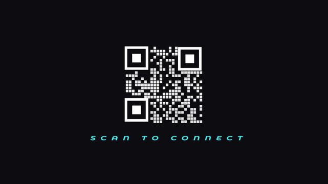 A sleek animation shows a QR code on black, scanned by a blue line. It prompts "Scan to Connect," emphasizing modern digital connection.