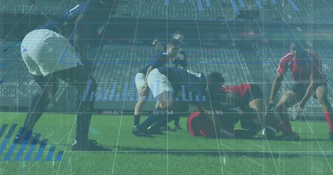 Animation of data processing over diverse rugby players at stadium