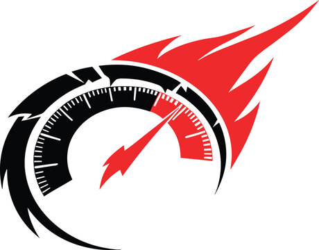 A stylized graphic icon featuring a black speedometer gauge with vibrant red flames behind it Vector, illustration