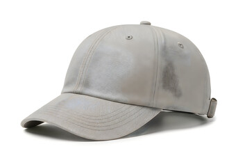 Fototapeta premium Distressed light grey baseball cap with frayed edges and worn fabric, isolated on white background