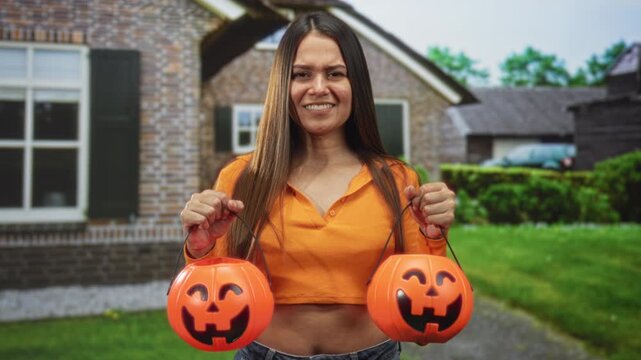 Woman holding two plastic jack o lantern pumpkin buckets outside a suburban brick building on a lawn path, smiling and posing; playful celebration.
