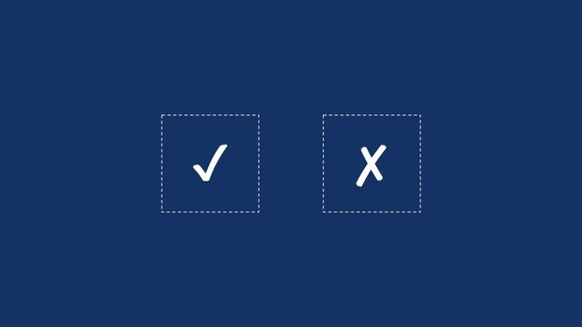 Minimalist check mark and cross icon animation, white tick and x symbols on blue background, digital voting and decision making concept video