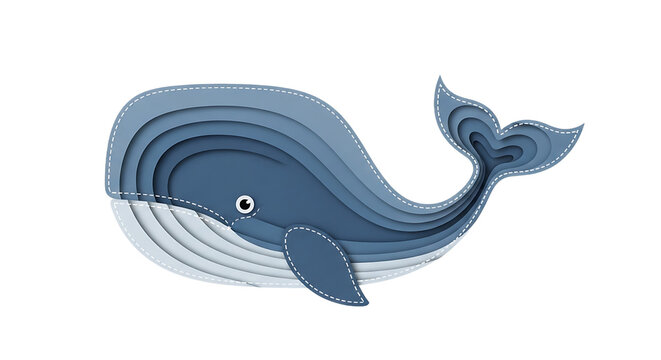 Artistic blue whale in paper cut style with layered texture isolated on transparent background