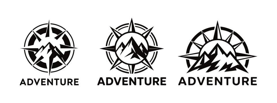 Adventure logo collection featuring mountain peaks with compass rose and starburst, black and white vector badge
