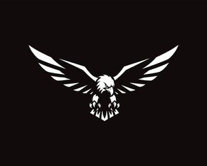 Fototapeta premium Flying Eagle Silhouette Vector, Majestic Bald Eagle with Spread Wings Black and White Illustration