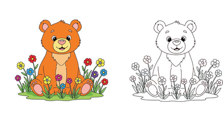Cute Bear Sitting in a Flower Garden Coloring Page for Kids, Set of Colored and Black and White Outline Vector Illustration for Preschool Education and Creative Fun Activities © SHOHAG