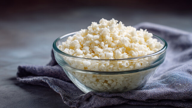 Cottage cheese in a glass bowl on a gray cloth