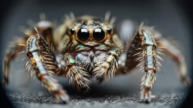 Extreme Close Up Macro Shot of a Jumping Spider with Detailed Features.
