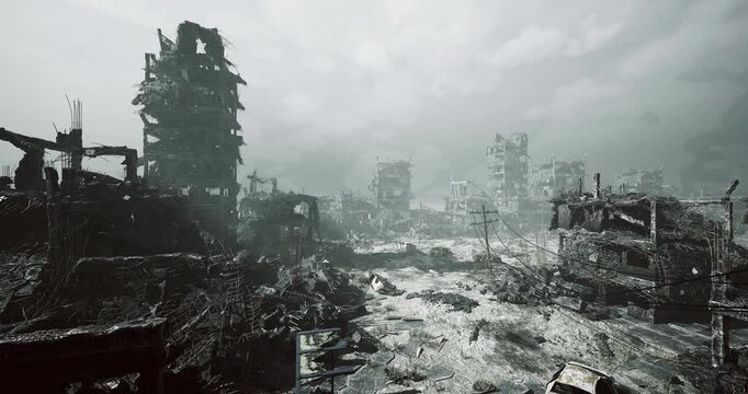 scattered debris and reflective puddles across ruined pavement, distant silhouettes of broken towers under low clouds implied investigative photographer