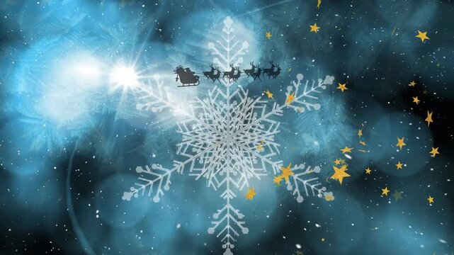 Animation of snow falling and santa claus in sleigh with reindeer over stars on black background