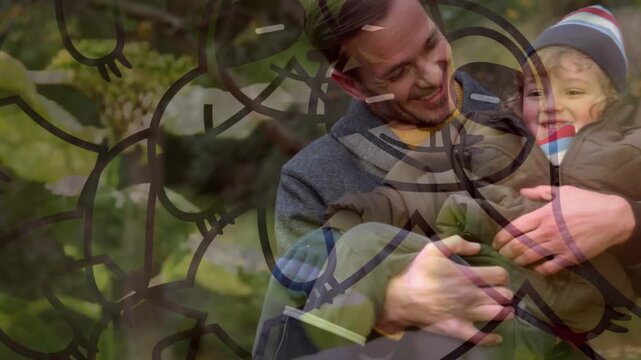 Animation of caucasian father with son in park over sloth