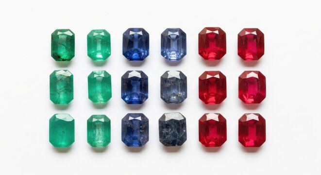 Collection of perfectly aligned emerald, sapphire, and ruby gemstone fragments showcasing vibrant colors and precise cuts
