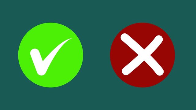 Animated pop-up green check mark and red cross X symbol on a transparent background. A checkmark in and out motion graphics animation  . 4k background animation