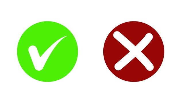 Animated pop-up green check mark and red cross X symbol on a transparent background. A checkmark in and out motion graphics animation. Video footage of yes or no,4k white background animation
