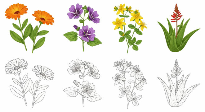 Botanical illustration set of medicinal plants featuring calendula, mallow, St. John's Wort, and aloe vera with both colored and black line art versions isolated on white background.