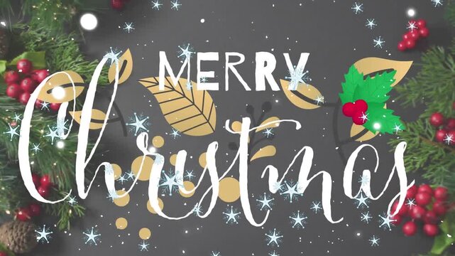 This video shows the animation of merry christmas text over christmas decorations