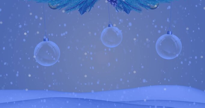 Animation of snowflakes icons falling over hanging bauble decorations against winter landscape