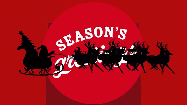 Animation of christmas greetings text and santa claus in sleigh with reindeer on red background