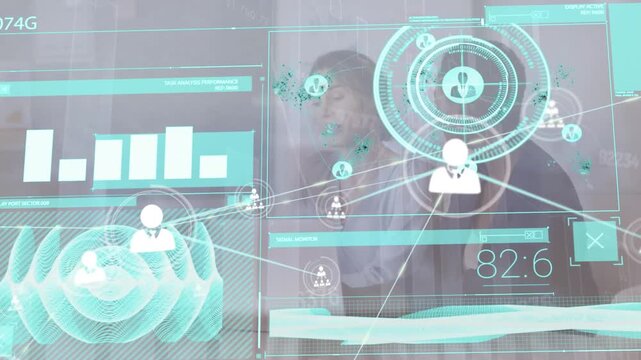 The video is a visualization of financial data and graphs being overlayed on top of female coworkers