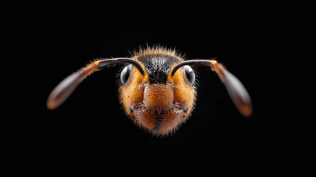 Close-up macro photograph of a bee's face showcasing intricate details of its eyes, antennae, and mouthparts against a black background