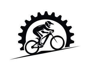 Fototapeta premium Black and white cycling logo featuring a biker and a large sprocket, an outdoor sports emblem vector