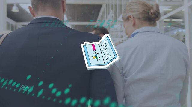 Animation of book icon and data processing against rear view of businesspeople walking at office