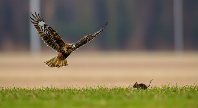 A hawk in mid-flight hunts a small mouse scurrying across a grassy field under a cloudy sky, showcasing predator and prey dynamics