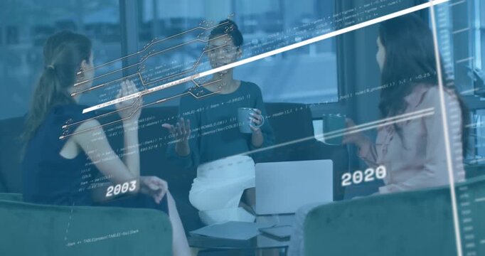 Animation of financial data processing over diverse business people working at office