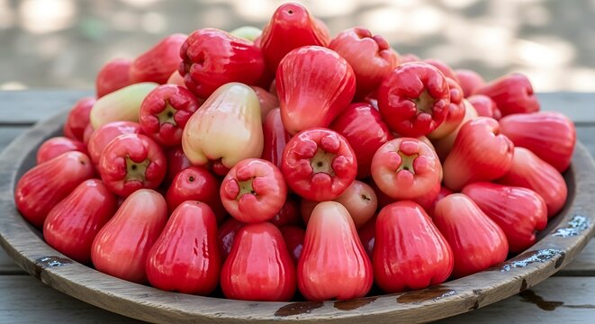 Freshly picked rose apples in a wooden bowl.