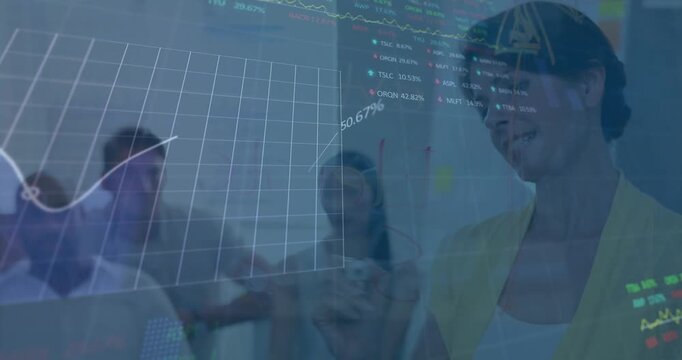 Animation of graphs and trading board, diverse coworkers brainstorming new idea on transparent board