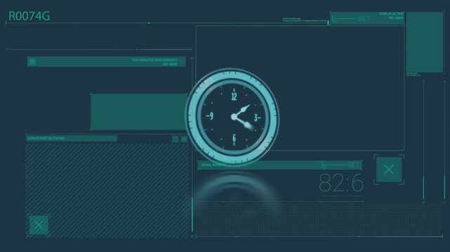 Animation of financial data processing over clock on black background