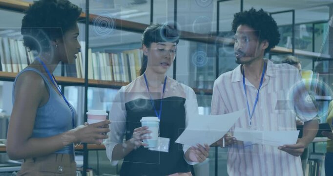 Animation of radars and circles over multiracial coworkers sharing ideas in office