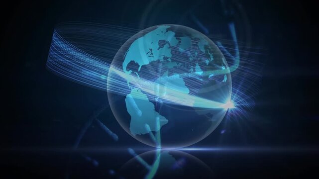 Animation of purple gradient shapes over blue light trails over spinning globe on black background