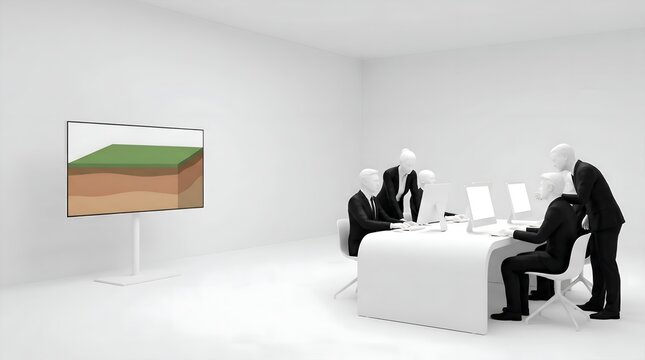 3D render of soil carbon interface and professionals in white office