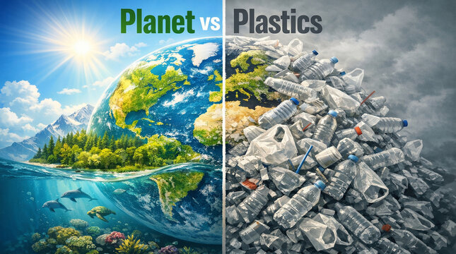 Planet vs Plastics split screen concept showing healthy green Earth contrasted with plastic polluted Earth for Earth Day 2026