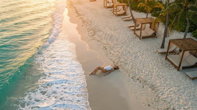 Aerial view of a woman lying on the shoreline with waves washing over