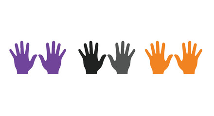 Fototapeta premium Three pairs of open hands in purple, black, and orange colors displayed side by side on a white background