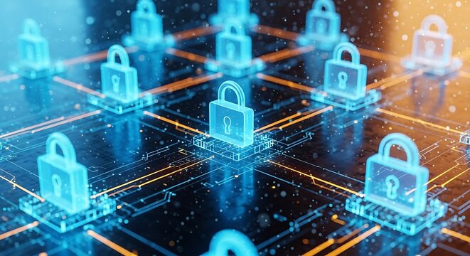 Advanced Cybersecurity Network Concept with Glowing Digital Padlocks and Data Connectivity Lines