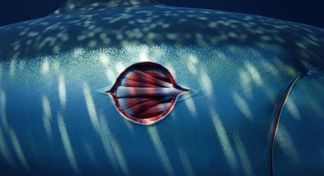 Shark Bite Wound Revealing Muscle Tissue Under Blue Surface