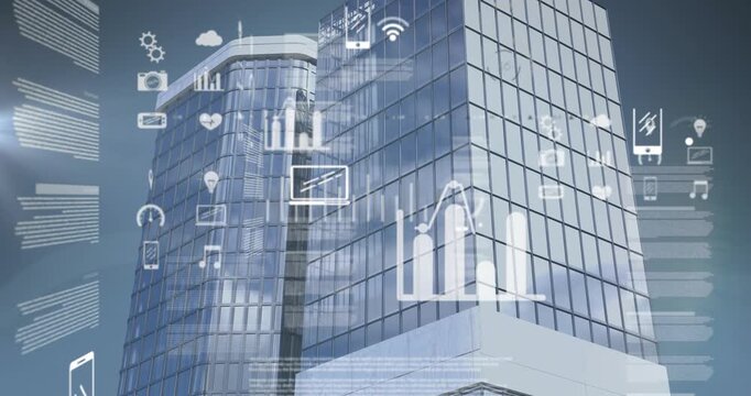 Animation of icons, graphs and trading board over modern buildings against sky