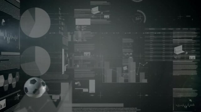 Animation of financial data processing over caucasian football player