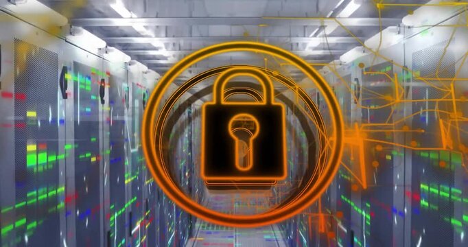 Animation of data processing and padlock icon over computer servers