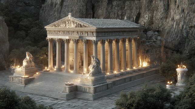 Space universe exploration, fantasy. A detailed architectural rendering of a classical temple, set against a rugged, mountainous backdrop. The temple is intricately designed with columns, pediment.