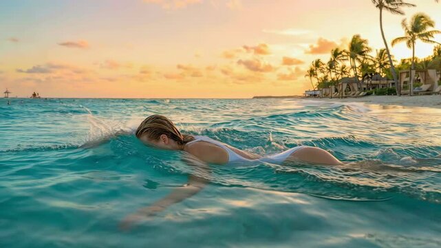 Young woman swimming in the turquoise ocean water at sunset