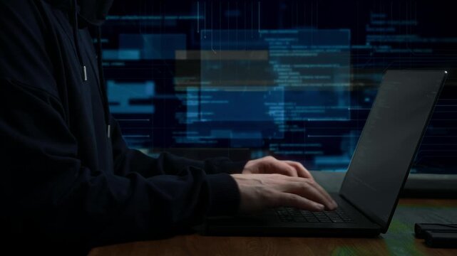 Caucasian Male Programmer Interacts With Digital Overlays And Network Visuals In Dim Environment