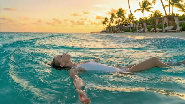 Beautiful woman floating on her back in tropical ocean at sunset