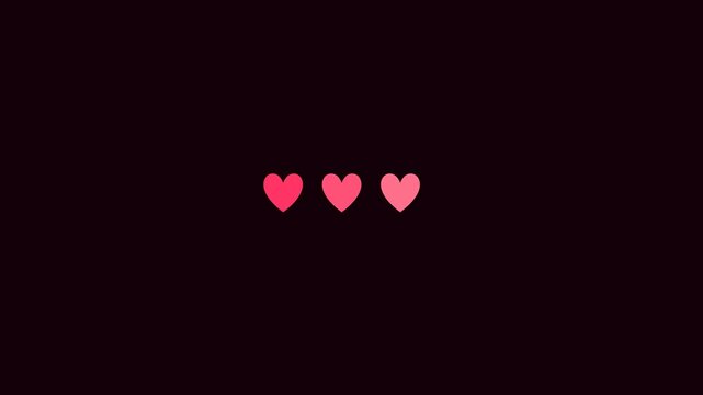 Retro pixel art hearts animation, 8-bit video game health bar UI, pink glowing heart icons on black background, gaming life meter overlay